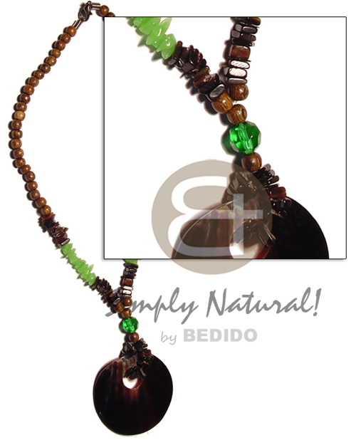 round 40mm black tab pendant  black tab square cut, green resin & wood beads - Home