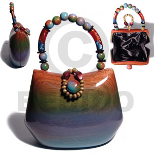 collectible handcarved laminated acacia wood handbag  / canoe rainbow / 8inx6inx3.5 in / handle ht: 4in. /  black satin inner lining - Home