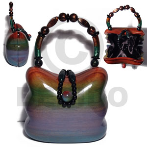 collectible handcarved laminated acacia wood handbag / barrie rainbow 6inx5.5inx3.5in / handle ht: 4 in. /  black satin inner lining - Home