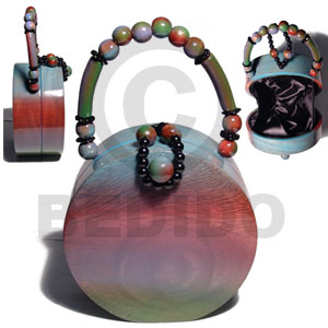 collectible handcarved laminated acacia wood handbag / rainbow laura round 6inx6inx3in / handle ht: 3 1/4 in. /  black satin inner lining - Home