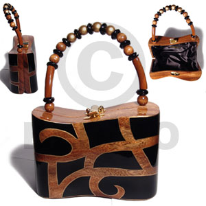 collectible handcarved laminated acacia wood handbag / beta natural/black/gold combination 7.5inx3.5inx5in / handle ht:4 in. /  black satin inner lining - Home