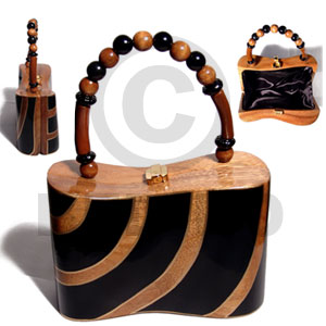 collectible handcarved laminated acacia  wood handbag / beta natural/black/gold combination  7.5inx3.5inx5in / handle ht:4 in. /  black satin inner lining - Home