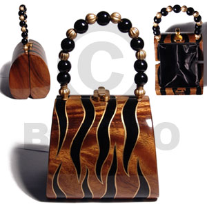 collectible handcarved laminated acacia  wood handbag / elle zebra natural black gold combination /  5 1/4inx4.5inx4in / handle ht:4 in. /  black satin inner lining - Home