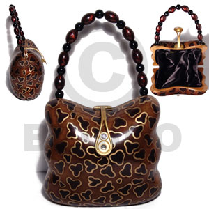 collectible handcarved laminated acacia wood handbag / barrie tortoise  natural/black/gold combination 6.5inx5.5inx3in / handle ht: 4 in. /  black satin inner lining - Home
