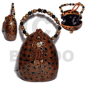 collectible handcarved laminated acacia wood handbag / bt tortoise natural/black/gold combination 8inx7inx4in / handle ht: 5 in. /  black satin inner lining - Home