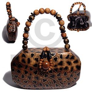collectible handcarved laminated acacia  wood handbag  / chessa tortoise   natural/black/gold combination  8inx8inx2.8in / handle ht: 4 in. /  black satin inner lining - Home