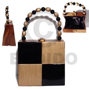 collectible handcarved laminated acacia  wood handbag / modern gold/black  combination 6inx6.5inx4in / handle ht: 4.5 in. /  black satin inner lining - Home