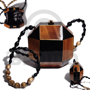 collectible handcarved laminated acacia wood slingbag  / octagon /natural/black /gold combination 6inx6inx4in / handle lenght: 36in. /  black satin inner lining - Home