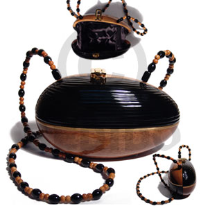 collectible handcarved laminated acacia  wood slingbag  / egg natural /black combination  7.7inx4 1/4inx 3  3/4in / handle length: 43 in. /  black satin inner lining - Home