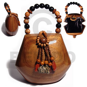 collectible handcarved laminated acacia  wood handbag  / jelou natural 6inx7inx4in / handle ht: 3.5in. /  black satin inner lining - Home