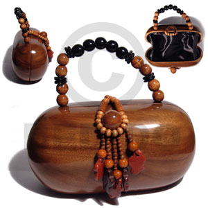 collectible handcarved laminated acacia  wood handbag /  capsule natural 9inx5.4inx4 1/4in / handle ht: 3 in. /  black satin inner lining - Home