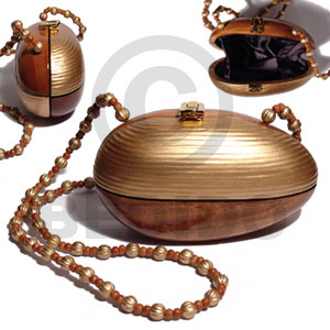 collectible handcarved laminated acacia wood slingbag / egg natural /gold combination  7.7inx4 1/4inx 3  3/4in / handle length: 43 in. /  black satin inner lining - Home