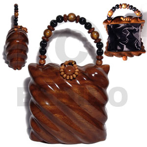 collectible handcarved laminated acacia  wood handbag / pillow naturali /  6.5nx6.5inx3.5in / handle ht:4 in. /  black satin inner lining - Home