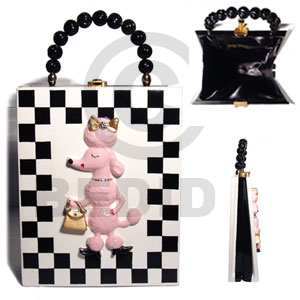 collectible handcarved laminated acacia wood handbag / checkered polyurethane black/white combination  embossed handcarved pink poodle  rhinestonescombination  10inx8.2inx 3in / handle ht: 4 in. /  black satin inner lining - Home