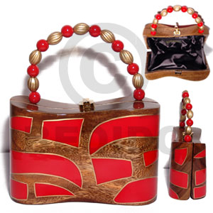 collectible handcarved laminated acacia  wood handbag / beta natural/red/gold combination  7.5inx3.5inx5in / handle ht:: 4 in. /  black satin inner lining - Home