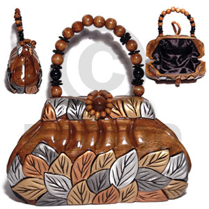 collectible handcarved laminated acacia  wood handbag / kelly natural carved leaces glod/brnze/silver combination/  9inx5 1/4inx3 3/4in / handle ht:4 in. /  black satin inner lining - Home