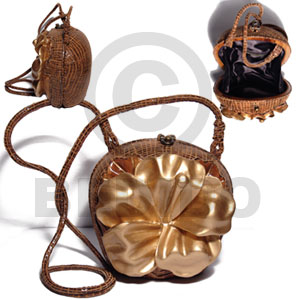 collectible handcarved laminated acacia  wood slingbag / pig skin wrap  gold lotus carved flower combination /  5 3/4inx6inx4 1/4in / handle length:42 in. /  black satin inner lining - Home