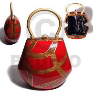 collectible handcarved laminated acacia  wood handbag  / jelou natural  red/gold combination  6.5inx6 1/4inx4 1/4in / handle ht: 3in. /  black satin inner lining - Home