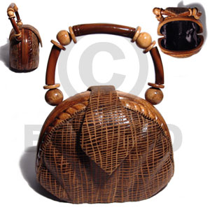 collectible handcarved laminated acacia  wood handbagbag / fan  pig skin wrap/  7inx5inx4 / handle ht:3 in. /  black satin inner lining - Home