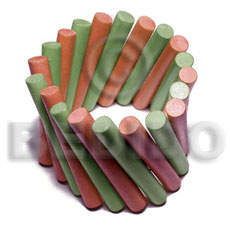elastic 2 color combination/tan & subdued green  stick wood bangle   clear coat finish / 10mmx65mm - Wooden Bangles