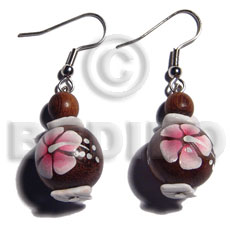 dangling 15mm robles round wood beads  handpainted flower and white rose combination - Home
