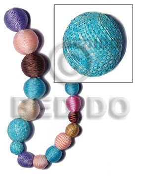 20mm natural white round wood beads wrapped in aqua blue raffia / price per piece - Home