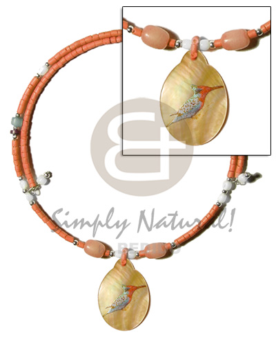 orange 2-3mm coco heishe wire choker  buri & troca beads accent  45mm oval MOP handpainted pendant - Home