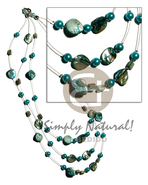 floating aqua blue kabibe shell nuggets in 3 graduated rows of magic wire  28" / 24" / 22"   pearl beads accent - Home