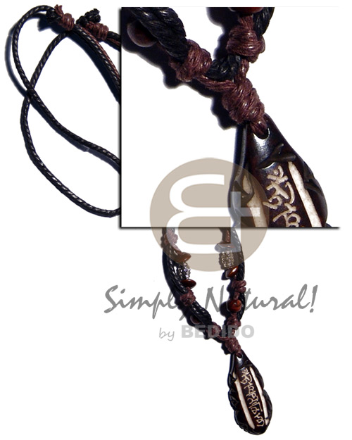 tribal carved 40mmx18mm wooden  pendant  coco Pokalet/wood beads accent in double wax cord / 23in. - Home
